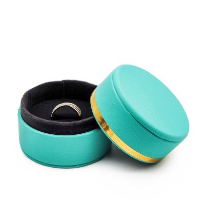 China Round Portable Light Blue Jewerly Ring Box Jewerly Storage Case PU Leather Jewelry Box Jewelry Box for sale