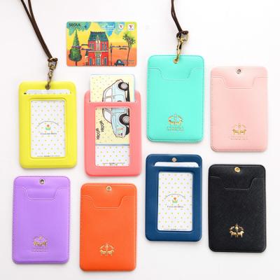 China Multicolor Women Men Fashion Bank Card Holder PU Neck Strap Bus ID Holders Candy Color Leather Case for sale