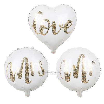 China Decoration 18inch Round White Gold Glitter Print Mr&Mrs LOVE Foil Balloons Bride To Be Wedding Valentine's Day Air Globos Supplies for sale