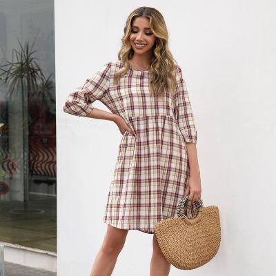 China Classy women lady ladies summer sun plaid arket casual modest elegant mid length casual dress anti-static waist dresses long dress saia for sale