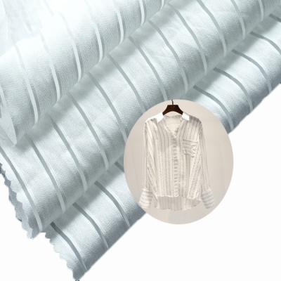 China Wrinkle Resistant Ladies Blouses Fabric Chiffon Twill Vertical Stripes White Elegant Criss Cross Viscous Fabric for sale