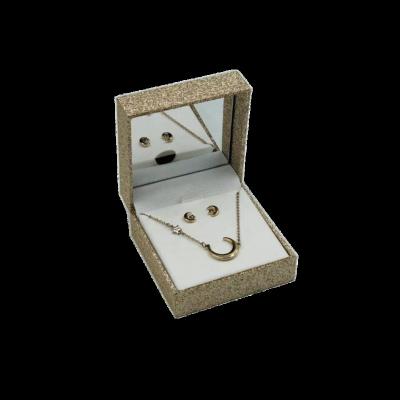 China Recyclable Gold Color Plastic Square Hinge OEM Jewelry Travel Box With Mirror Interior And Glitter Paper Necklace Earrnig Forpendant Ring for sale