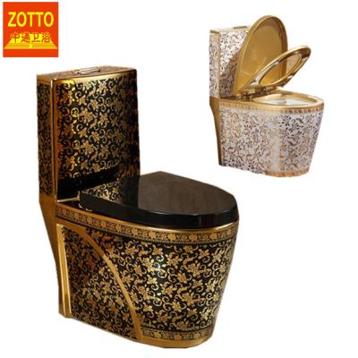 China Double-Flow Iraq Gold Bathroom Ceramic Toilet Black And White Colored Golden Toilet Bowl for sale