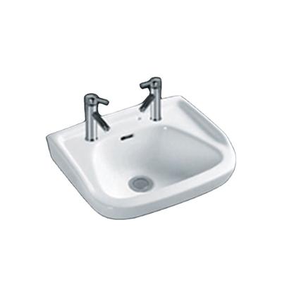 China Easy Clean Wash Basin Cheap Double Hole Faucet Wall Hung Wash Basin Bathroom Sinks Popular Ceramic White Hand Wash Basin for sale