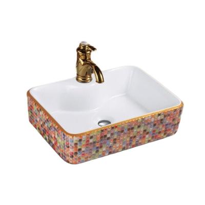 China Bathroom Countertop Single Hole Multicolor Glass Surface Drill Surface Modern Luxury Rectangular Luxury Ceramic Sink for sale