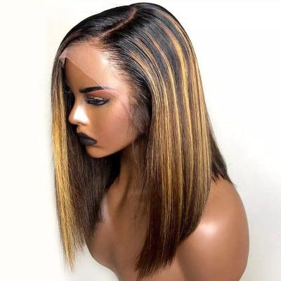 China No shedding& Tangle Human Hair Ombre Colored Frontal Human Hair Lace Front Wigs Ombre Brown Honey Blonde Short Bob Wig HD Highlight Hair Wig 13x6 Transparent Hair Wigs for sale