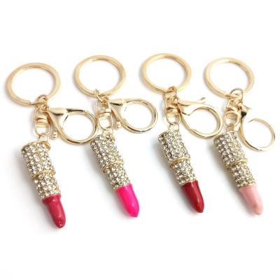 China Wholesale Casual Full Rhinestone Fashionable Luxurious Crystal Lipstick Key Chain For Women for sale