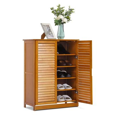 China 5 Tier Minimalist Shoe Storage Cabinet Space Saving Wooden Bamboo Shoe Rack With Shutter Doors for sale