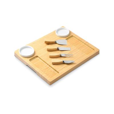 China Viable Meat Charcuterie Boards Cutting Tray Bamboo Cheese Board Set with Knife Set and 2 Ceramic Bowls for sale