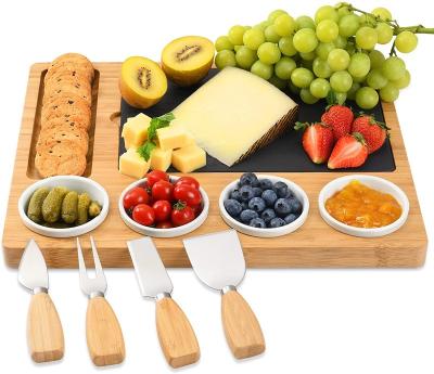 China Sustainable Bamboo Cheese Charcuterie Board Knife Set With 4 Ceramic Bowls for sale