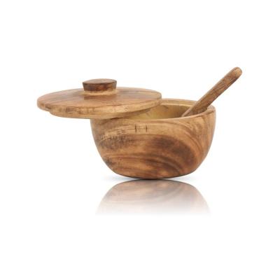 China Viable Wide Mouth Candy Treat Jar Spice Holder Condiment Nuts Serving Bowl Sugar Bowl Spoon With Lid Rustic Wood for sale