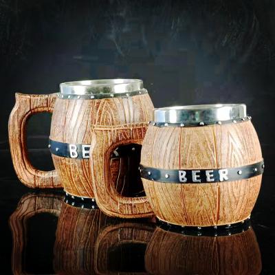 China Viable Handmade Wooden Mug Beer With Bottle Opener Thermos Mug Hammer Pattern Sprayed Wooden Beer Mug for sale