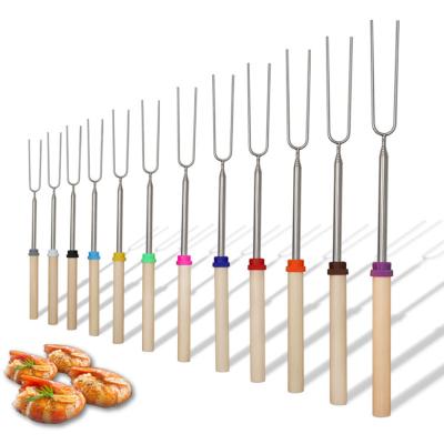 China Stretch Stainless Steel BBQ Fork 8 Color Wood Handle BBQ Meat Skewers Easily Cleaned Fork for sale