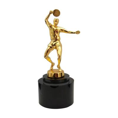 China Manufacturer Imitation Antique Wooden Base Gold Plating Metal Cup Sports Ping Pong Badminton Trophy for sale