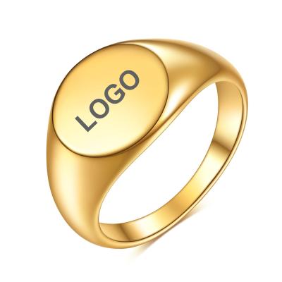 China Smooth Surface Stainless Steel Popular Gold Plated Name Engravable Logo Oval Shape Chunky Dome Polished Custom Ring for sale