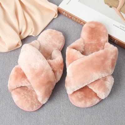 China Autumn And Winter New Flat Amazon Air Conditioning Light Hairy Cross Slippers Female Bottom Non-slip Slippers for sale