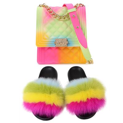 China Wholesale Lightweight Warm Fur Slippers And Purse Sets Real Fox Fur Slipper Jelly Bag For Women Outdoor Sandals for sale