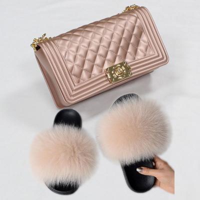 China Lightweight Women Jelly Bag Fur Sandal Summer Furry Slippers Matching Fox Fur Slippers Pinch Sandals and Bags Bag for sale