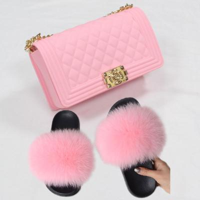 China Lightweight Hot Women's Handbag PVC Shoulder Bag Rainbow Jelly Set Fox Fur Slippers Bag for sale