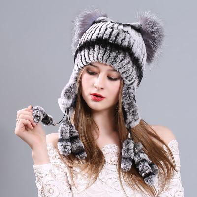 China JOINT Rex Rabbit Hand-stitched Fur Hat With Elastic Fox Fur Hat Women Winter Warm Hat for sale