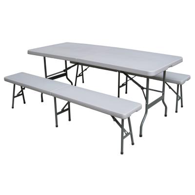 China Hot Sale Modern Outdoor Plastic Steel Table 3 Use Table And Bench Set HDPE Foldable Outdoor Durable Frame Garden Furniture Set for sale