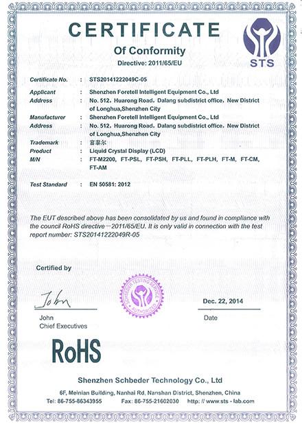 RoHS Certificate - Shenzhen Foretell Intelligent Equipment Inc.