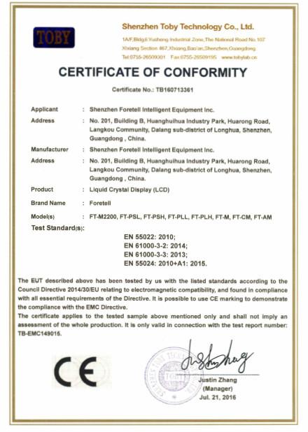 Certificate Of Conformity - Shenzhen Foretell Intelligent Equipment Inc.