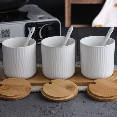 China Sustainable Home 3 Pcs Seasoning Ceramic Spice Container Kitchen Canister Set Salt And Pepper Storage Jar for sale