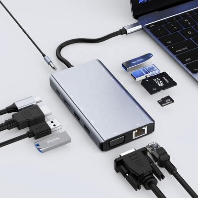 China Aluminum Alloy 11 in 1 USB C to Gigabit Ethernet 4K HDMI VGA Multiport Hub for MacBook Pro, iPad Pro and More for sale