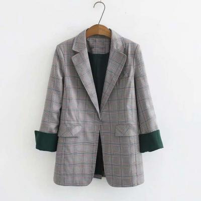 China Women Plaid Breathable Casual Blazer Notched Lapel Shell Button Officewear Oversized Blazer for sale