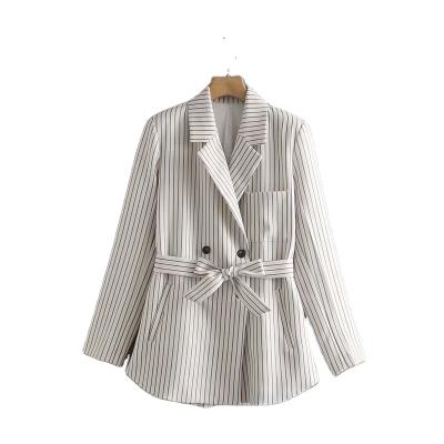 China Women Breathable Casual Striped Blazer Notched Long Sleeve High Waist With Belt for sale