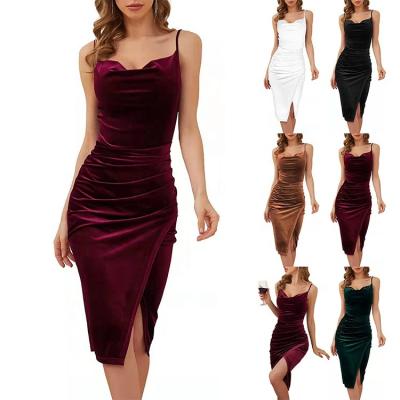 China 2020 Spring Anti-Static Bodycon Summer Ruched Bodycon Dresses RuchedWomen Luxury Sexy Velvet Bodycon Split Formal Dress Evening Dress for sale