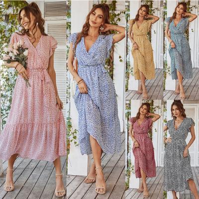 China 2022 Fashion Summer Maxi Dress Wrap Flower Short Washable Cheap Sleeve Ruffles Floral Women's Casual Outfits for sale