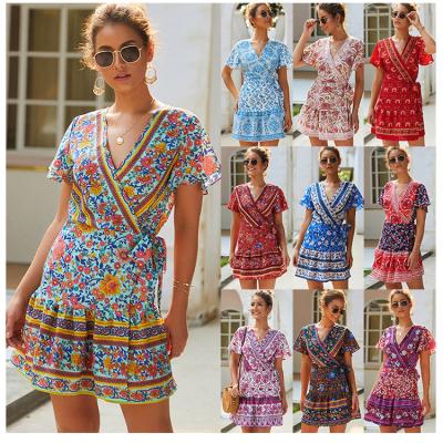 China 2022 Fashion Washable Mini Dress Boho Short Sleeve Cheap Summer Ruffles Floral Women's Casual Dresses for sale