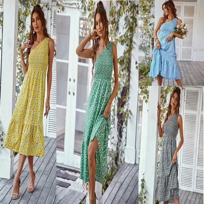 China 2022 Fashion Washable Cheap Summer Maxi Dress One-Shoulder Flower Sleeveless Ruffles Floral Women's Casual Dresses for sale