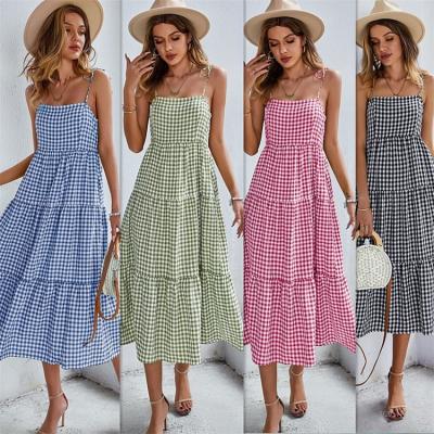 China Floral Maxi Dress Cami Sleeveless Ruffles Women's Casual Outfits 2022 Summer Washable Soft Plaid Fashion for sale