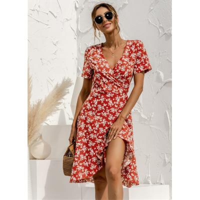 China 2022 Fashion Mini Dresses Floral Wrap Washable V-Neckline Plus Size Flower Summer Short Sleeve Ruffles Women's Casual Outfits for sale