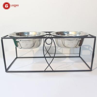 China Stainless Steel Dog Cat Pet Feeder Bowls Raised Rack Feeding Station Tray Waterer With Double Bowl Frame for sale