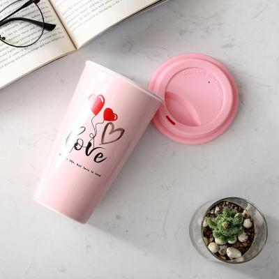 China Custom Viable Tumbler Porcelain Take Away Custom Double Walled Ceramic Coffee Mugs Travel Mug With Silicone Lid for sale