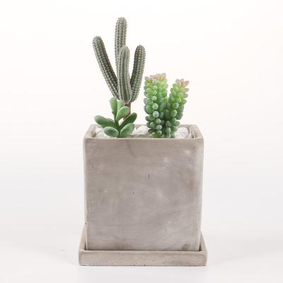 China Modern Stocked Cement Planter Pot Set Square Shape Outdoor Small Flower Pots With Saucer for sale