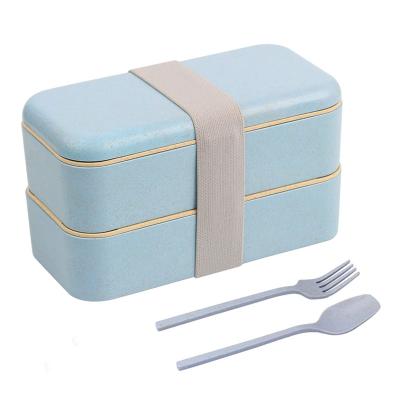 China Almuerzo biodegradable caja de straw Microwavable wheat straw 2 layers food bowl with separation including spoon and fork for sale