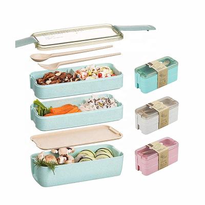 China Freshness Preservation Fashion Natural Environment Wheat Straw Lunch Box 3 Layer Fork Spoon Lunch Box for sale