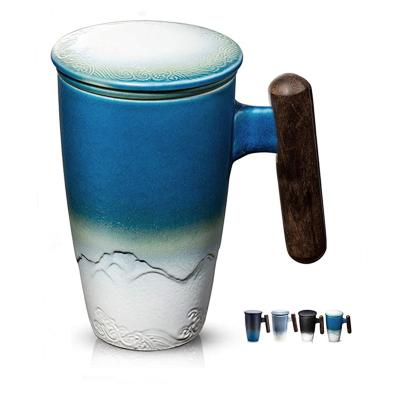 China 2021 Viable Ceramic Filter Bubble Tea Tall With Wooden Handle Coffee Mugs With Strainer And Lid Black Stoneware Tea Mug Business Gifts for sale