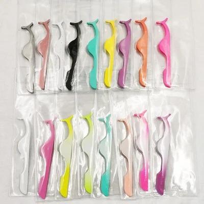 China Customized Customized Blue Pink Eyelash Long Lasting Color Wick Tweezers High Quality Comfortable Easy To Use Fake Logo Eyelash Tweezers for sale