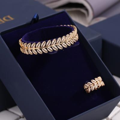 China Customized Fashion Olive Branch Zirconia Bracelet Women Brass Ring Jewelry Set for sale