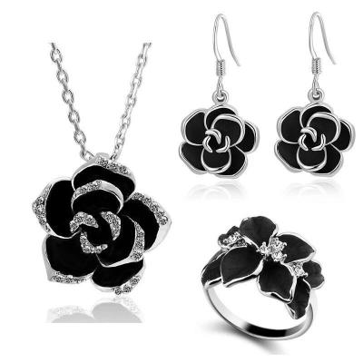 China CLASSIC Fashion Alloy Jewelry Set Black Flower Drop Luster French Necklace Pendant Earring Set Wholesale for sale