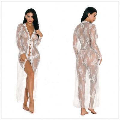 China Breathable Sexy Lingerie Long Robe For Women See Through Robe Mesh Kimono Sexy Lingerie Female Sheer Open Robe Lace for sale