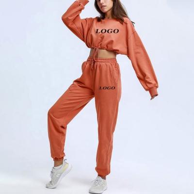 China High Quality Breathable Women Crop Top Women Sweatshirts Crew Neck Sportswear Sweatsuit With Strings Jogger Set Women Pants Two Piece Set for sale