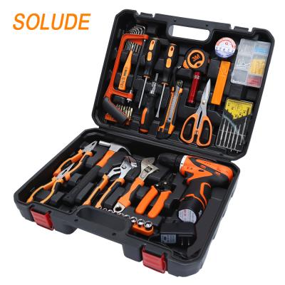 China Durable+Portable+Comfortable Handle+Small Package SOLUDE 106 Piece 12V Lithium Battery Drill Household Hand Tools Kit With Plastic Toolbox Storage Case for sale