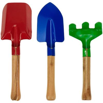 China 3PCS Wooden Handle Mini Garden Tool Set Mini Shovel Pastoral Colorful Shovel Rake for Children Play for sale